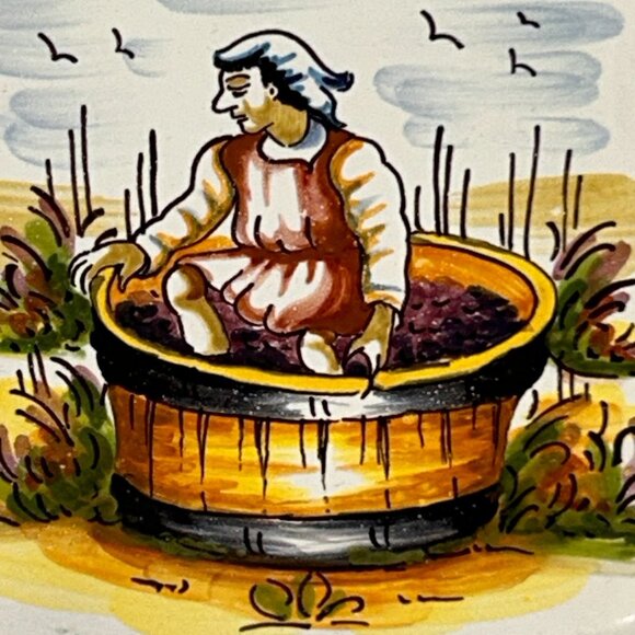 Italian Handpainted Faience Pottery Square Plate Grape Crushing 8.5" NOTE - Picture 3 of 9